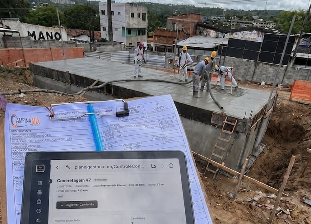 Equipe concretando uma laje em obra em funcionamento, onde o Planej é desenvolvido e usado no dia a dia